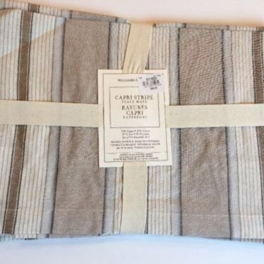 Williams Sonoma Capri Stripe Place Mats Tan Cream Linen Cotton Set of 4